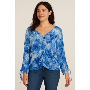 Lovestitch Womens Siize Large Blue White Top Tie Front 3/4 Sleeve Button Up